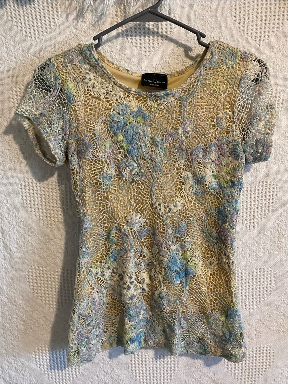 Brittany Black Pastel Floral Crochet Short Sleeve Top - Yellow, Blue, Green